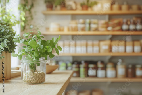 Fresh oregano growing in glass jar with perlite in zero waste shop