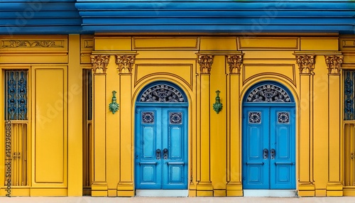 illustration ornate doors architecture design blue yellow building entrance art exterior decorative