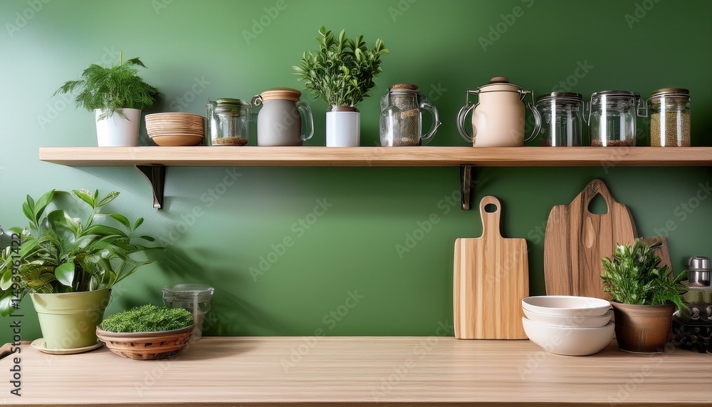 Fototapeta premium modern kitchen with green walls and wooden shelves filled with plants and kitchenware