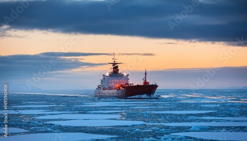 icebreaker ship navigating through icy waters in the arctic during twilight