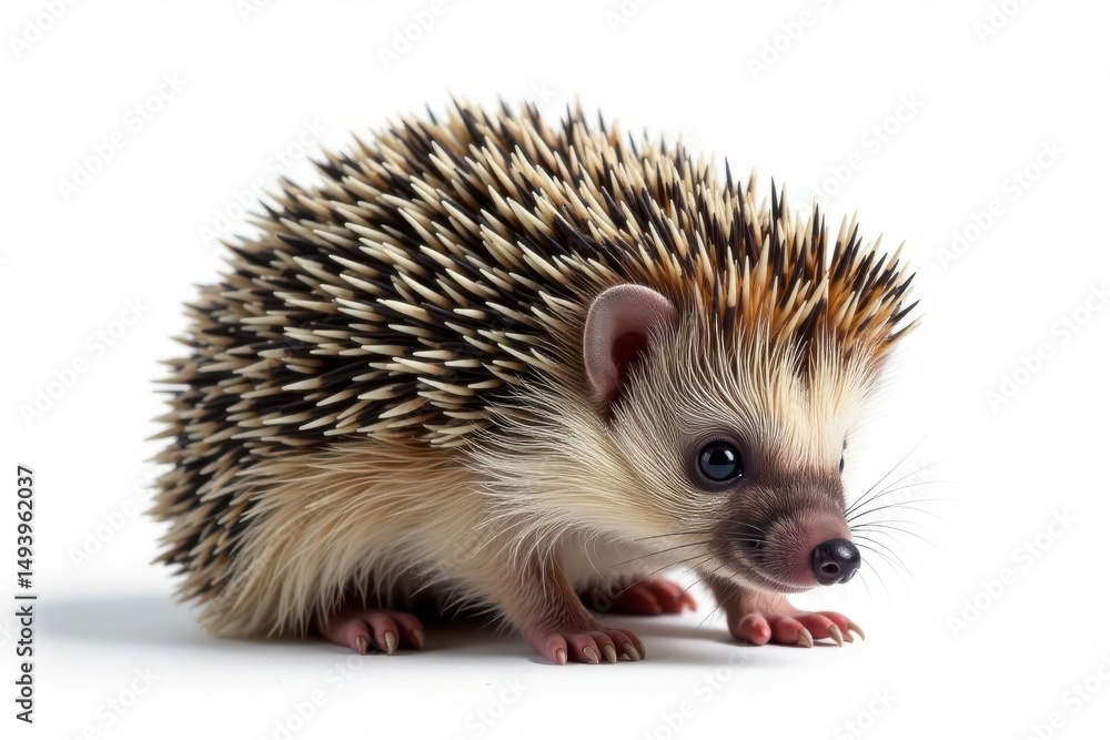 Small hedgehog, curled in defense, isolated on white background, wild animal, hedgehog spines, furry Small hedgehog, curled in defense, isolated on white background, wild animal, hedgehog spines, furry