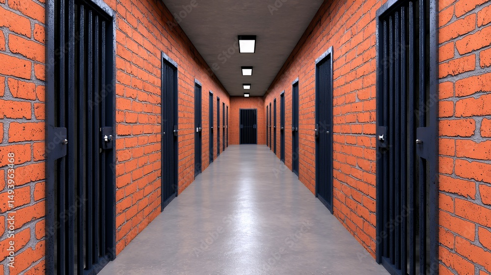 Fototapeta premium Dimly Lit Prison Corridor with Red Brick Walls and Metal Doors