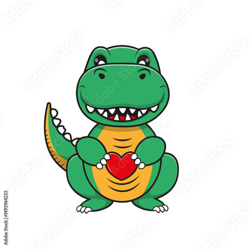 Cute Green Dinosaur Cartoon Holding a Heart Shape