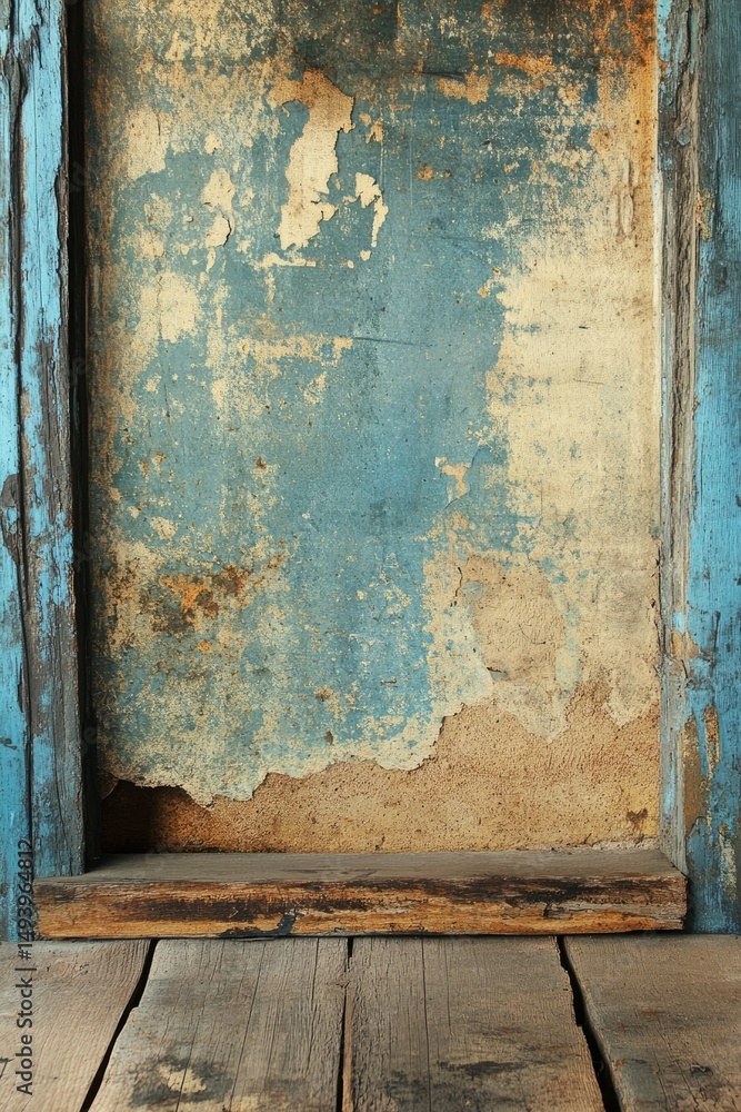 Naklejka premium Rustic Weathered Wall with Wooden Shelf: A Vintage Aesthetic