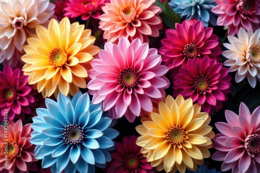 Intricate dahlia blooms in vibrant hues, forming a repeating floral pattern , wallpaper, closeup Intricate dahlia blooms in vibrant hues, forming a repeating floral pattern , wallpaper, closeup