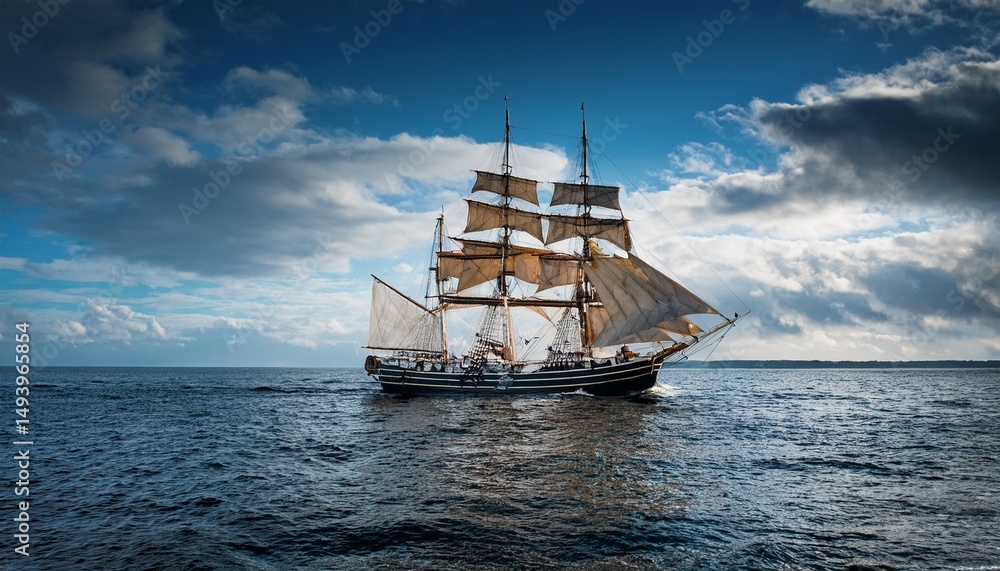 Obraz premium vintage sailing ship navigating through calm waters under a cloudy sky