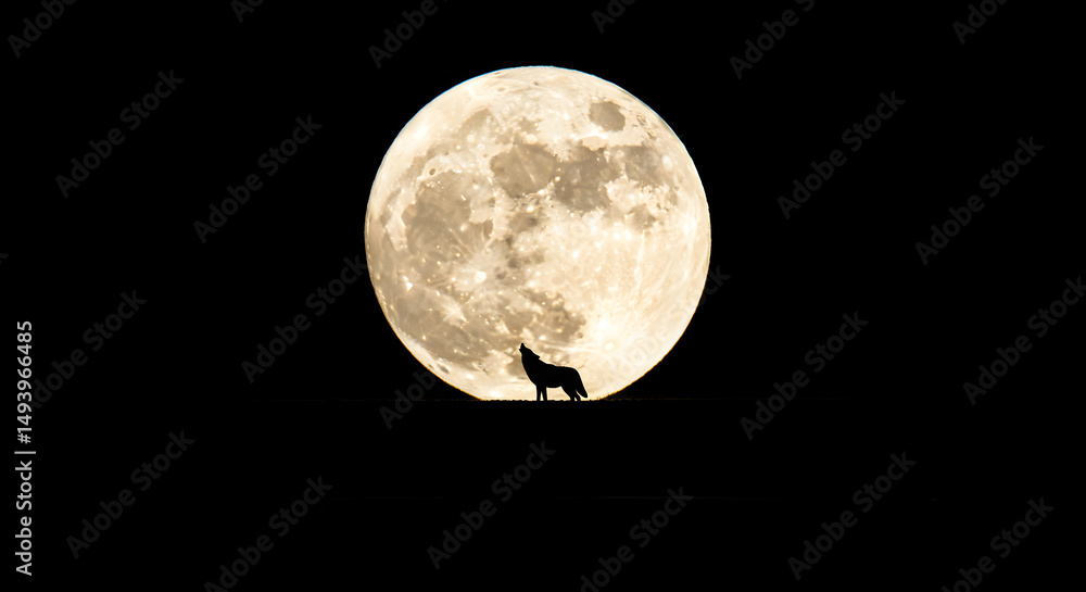 Fototapeta premium Lone Wolf Silhouette Howling at a Magnificent Glowing Full Moon