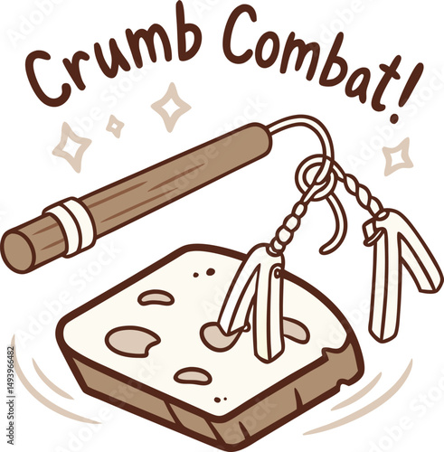 Crumb Combat: A whimsical illustration depicts a wooden stick with a pair of chopsticks attached, ready to grapple with a crumb-covered piece of bread in a lighthearted "Crumb Combat" battle.  
