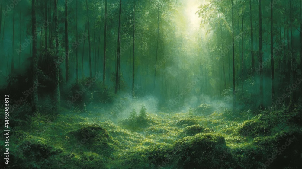 Fototapeta premium Verdant forest glade bathed in ethereal sunlight.