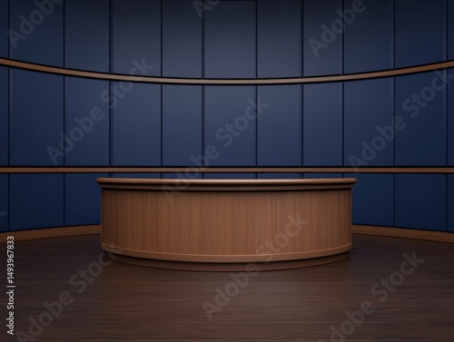 A modern, empty news desk with a curved wooden counter and dark blue panel background in a studio setting.