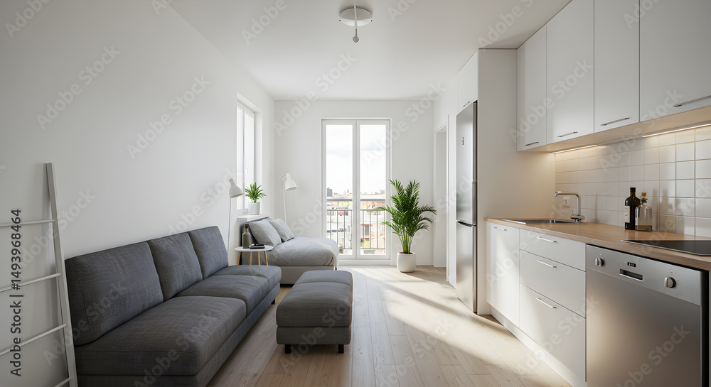 Fototapeta premium Bright Modern Apartment Interior Design With Open Kitchen And Living Space