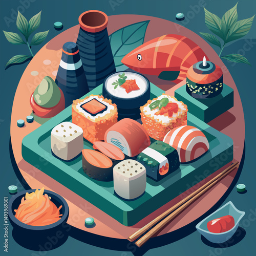 Colorful assortment of sushi displayed on a wooden platter with vibrant garnishes and chopsticks on a teal background Generative AI