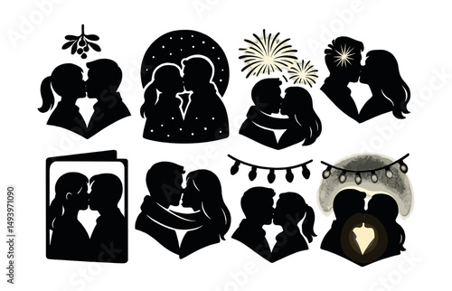 Romantic couples silhouette icons set. love and relationship symbols collection