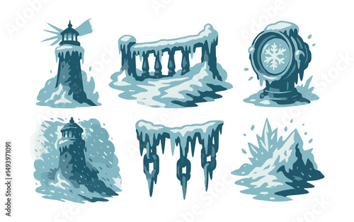 Winter landscape silhouette icons set. cold weather and icy nature symbols