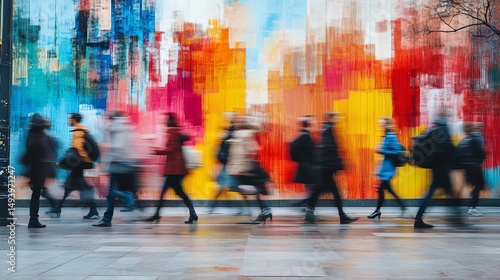Blurred pedestrians walk past a vibrant, colorful wall in an urban setting. Motion and art combine.