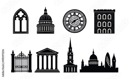 Architectural silhouette icons set. building and landmark symbols