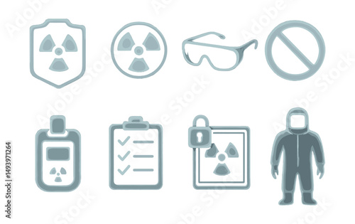 Radiation safety flat icons set. hazard and protection symbols for workplaces