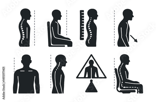 Posture correction silhouette icons set. ergonomic and spine alignment symbols