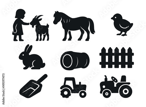 Farm life silhouette icons set. agriculture, farmyard animals, and rural symbols