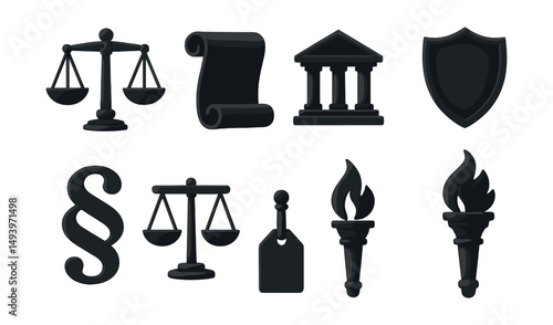 Law and justice silhouette icons set. legal, courtroom, and protection symbols