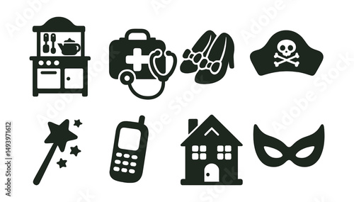 Childhood playtime silhouette icons set. kids' toys and games symbols