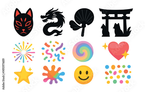 Japanese culture silhouette icons set. traditional and cultural symbol collection