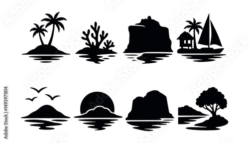 Beach and ocean silhouette icons set. coastal and seaside design elements