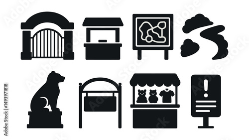 Zoo and wildlife silhouette icons set. animal park and nature reserve symbols