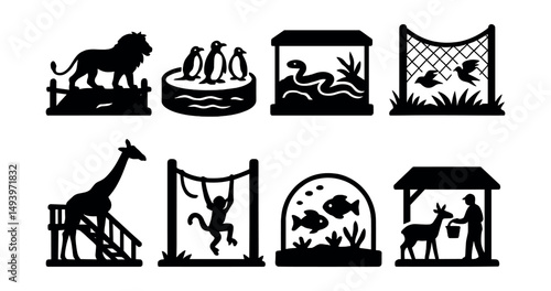 Zoo animals silhouette icons set. wildlife and nature conservation symbols