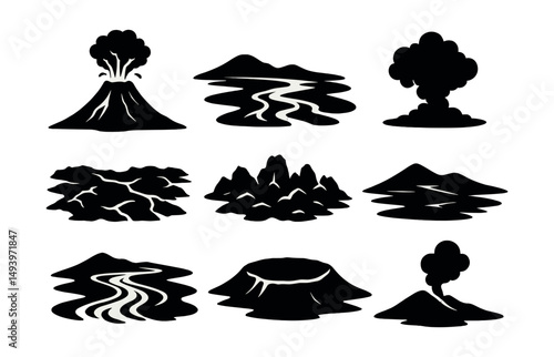 Volcano and landscape silhouette icons set. nature and geological symbols
