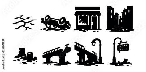 Post-apocalyptic silhouette icons set. disaster and dystopian theme symbols