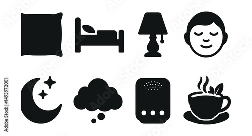 Sleep and relaxation silhouette icons set. rest and calmness symbols collection