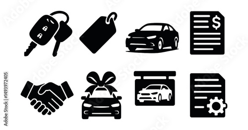 Car dealership silhouette icons set. automotive sales and dealership elements
