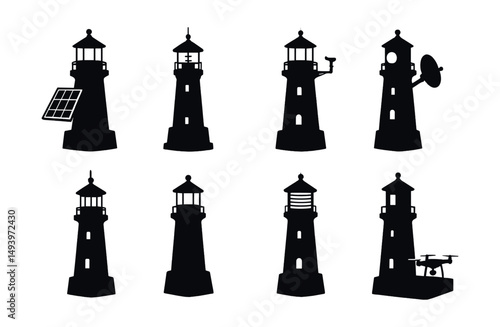 Lighthouse silhouette icons set. coastal navigation and beacon symbols