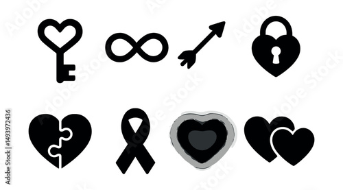 Love and romance silhouette icons set. valentine and heart symbols