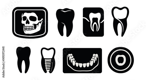 Dental health silhouette icons set. tooth care and oral hygiene symbols