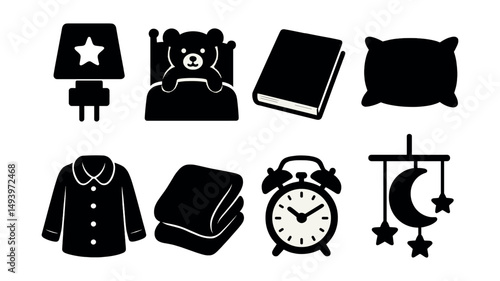 Children's bedtime silhouette icons set. sleep, nursery, and night routine symbols
