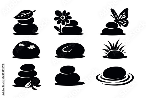 Spa and relaxation silhouette icons set. meditation and wellness symbols