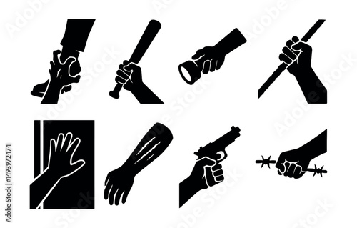 Conflict and defense silhouette icons set. security and protection symbols
