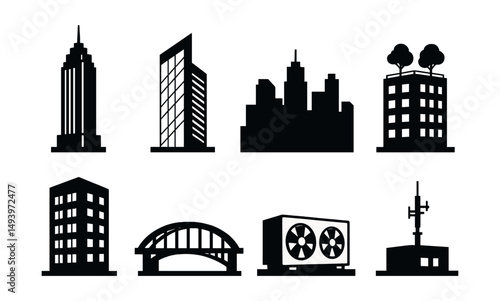 Urban architecture silhouette icons set. cityscape and building design elements