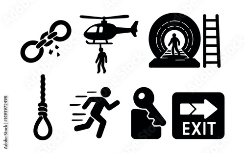 Escape and survival silhouette icons set. emergency and safety symbols