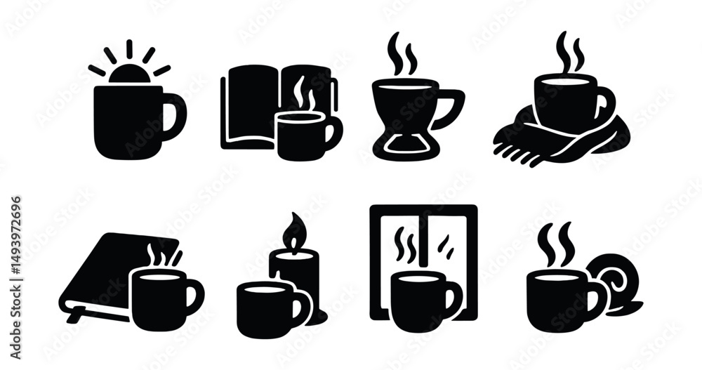 Coffee lovers silhouette icons set. warm drink and cozy moments symbols Coffee lovers silhouette icons set. warm drink and cozy moments symbols