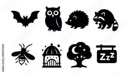 Nocturnal animals silhouette icons set. night creatures and wildlife symbols