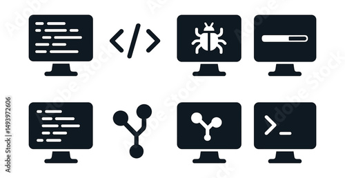 Programming and coding silhouette icons set. development and debugging tools