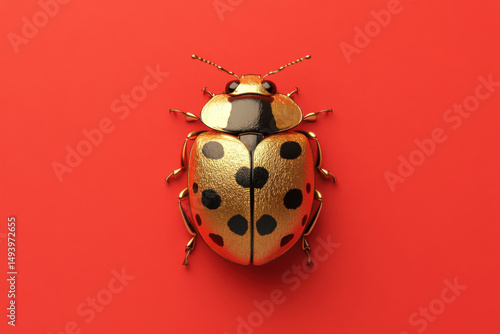 Golden ladybug standing on a red background