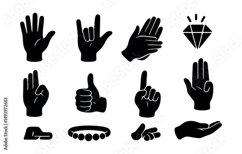 Hand gesture silhouette icons set. communication and sign language symbols