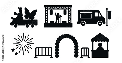 Festival and celebration silhouette icons set. event and party elements