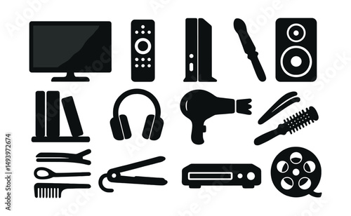 Home entertainment silhouette icons set. gadgets and electronics symbols