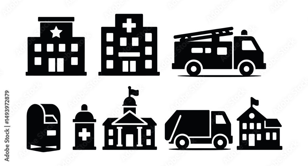 Fototapeta premium Public services silhouette icons set. government and utility symbols collection