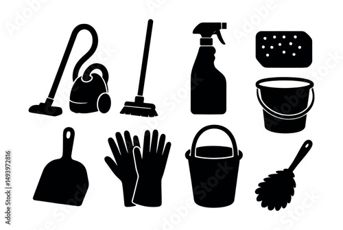 Cleaning tools silhouette icons set. household and sanitation equipment symbols